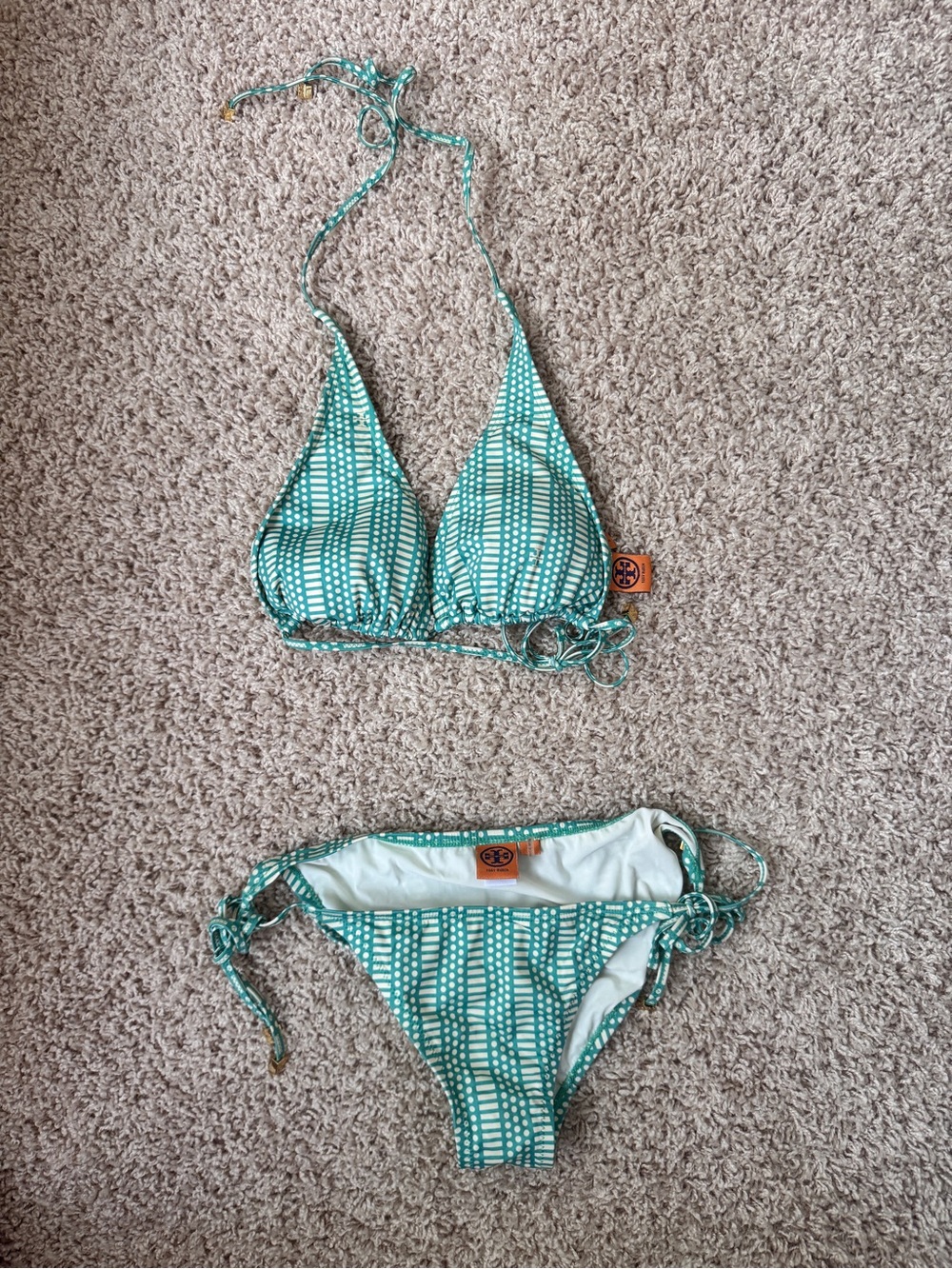 Tory Burch Teal and White Patterned String Bikini- XS Bottom and S top- NWOT